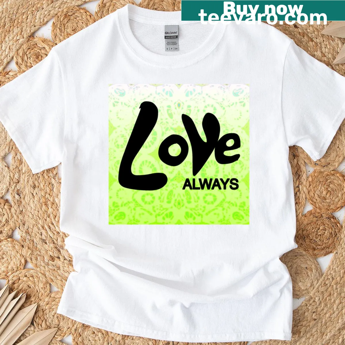 Illustrative T-shirt featuring a Mazipoodle and the phrase Love Always — on a men's t-shirt