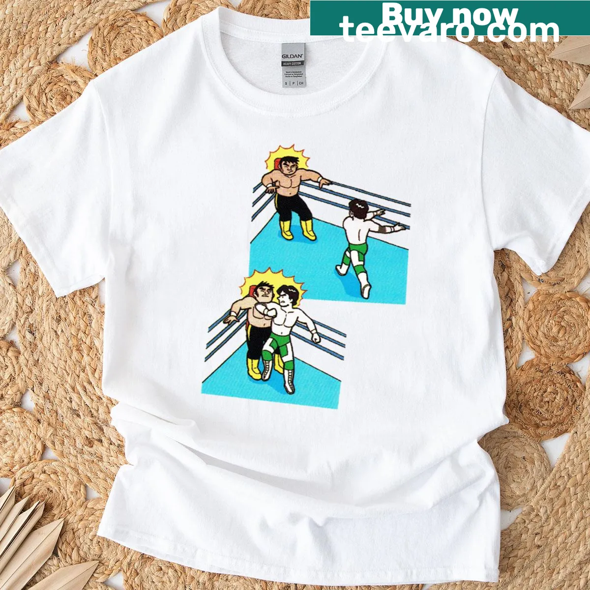 Dynamic wrestling-themed Misawa Kawada Corner Elbow T-shirt — on a men's t-shirt