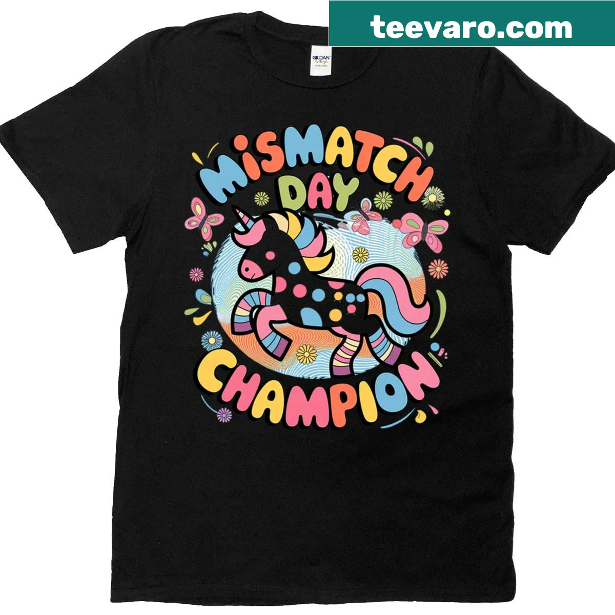 Funny T-shirt featuring a colorful unicorn celebrating mismatch day — on a men's t-shirt