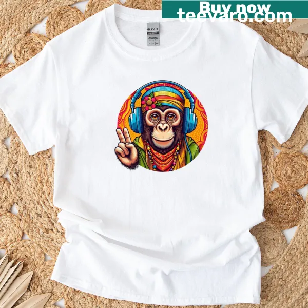 Whimsical illustration of a monkey in headphones on a T-shirt