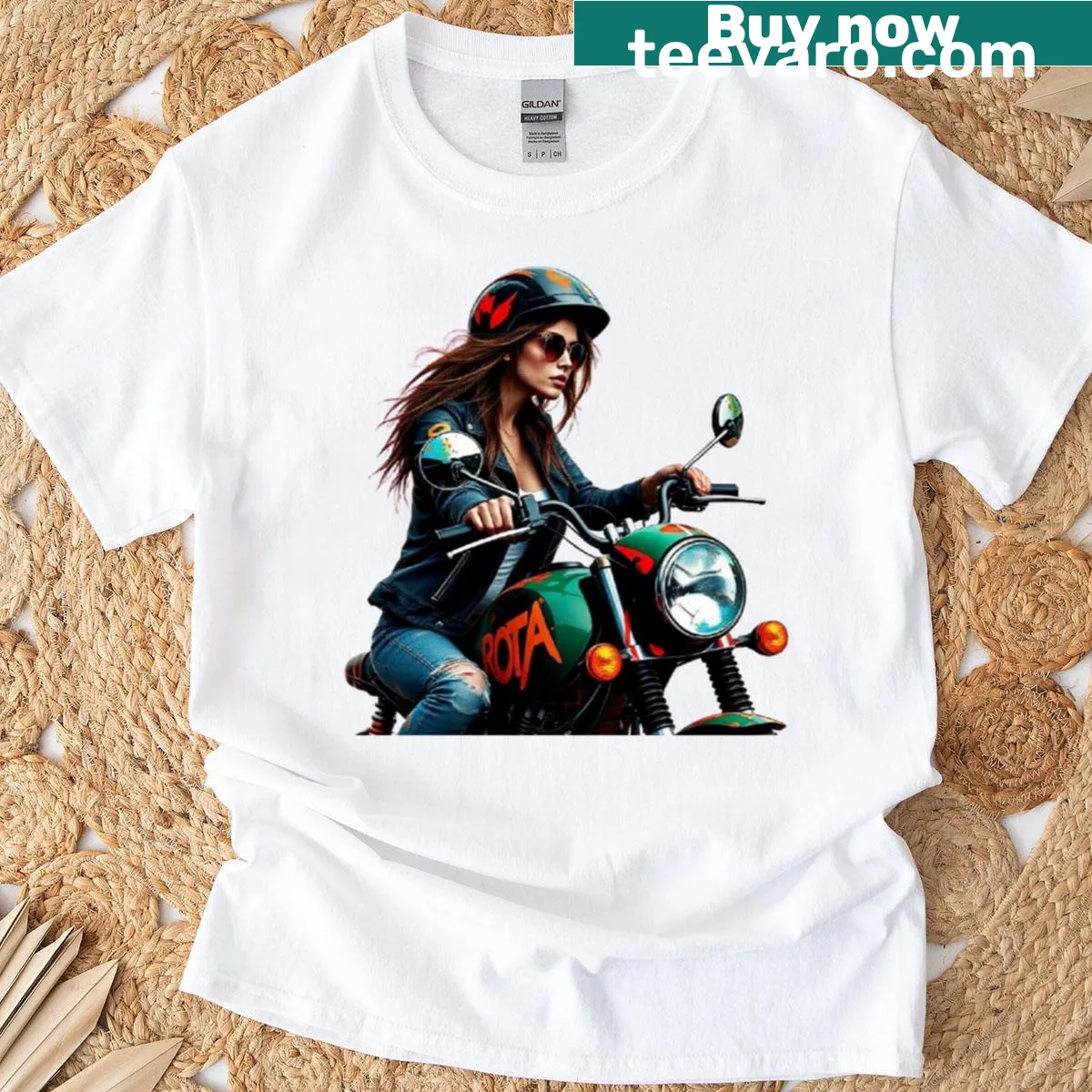 Illustration of a woman on a motorcycle, celebrating female riders — on a men's t-shirt