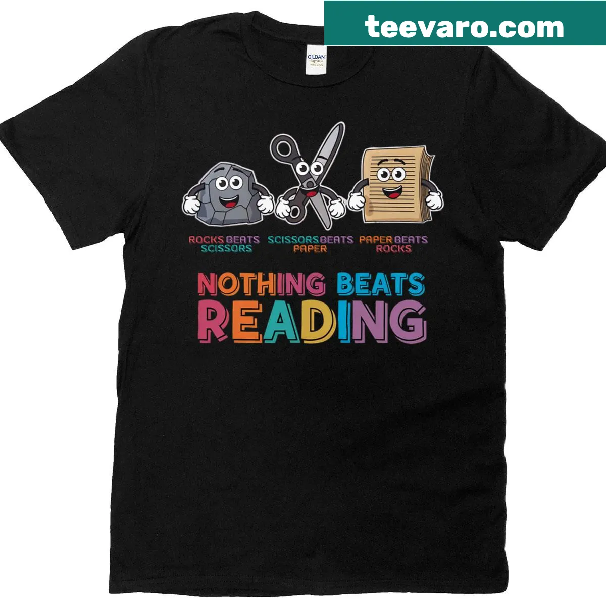 T-shirt with a playful reading theme and rock-paper-scissors graphics — on a men's t-shirt