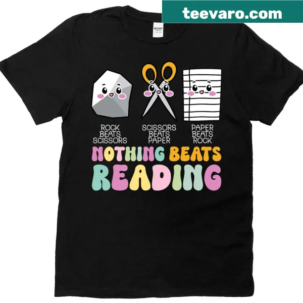 T-shirt with a humorous reading and rock-paper-scissors design
