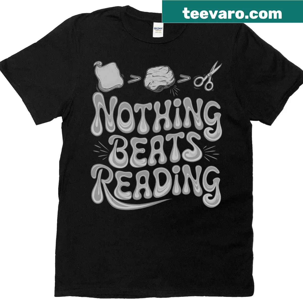 T-shirt with groovy reading theme and rock-paper-scissors design — on a men's t-shirt