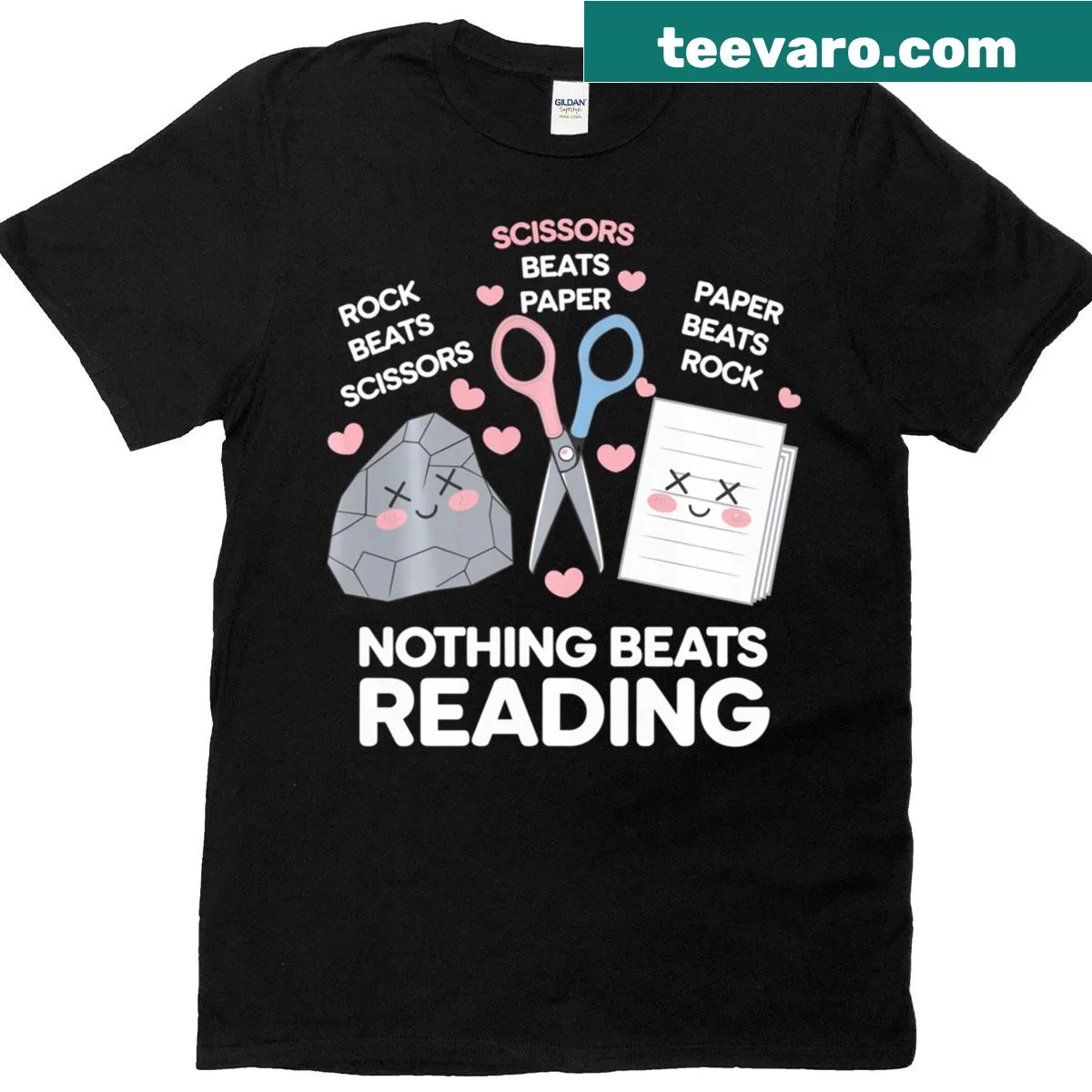 Fun Rock Paper Scissors graphic for book lovers on a t-shirt — on a men's t-shirt