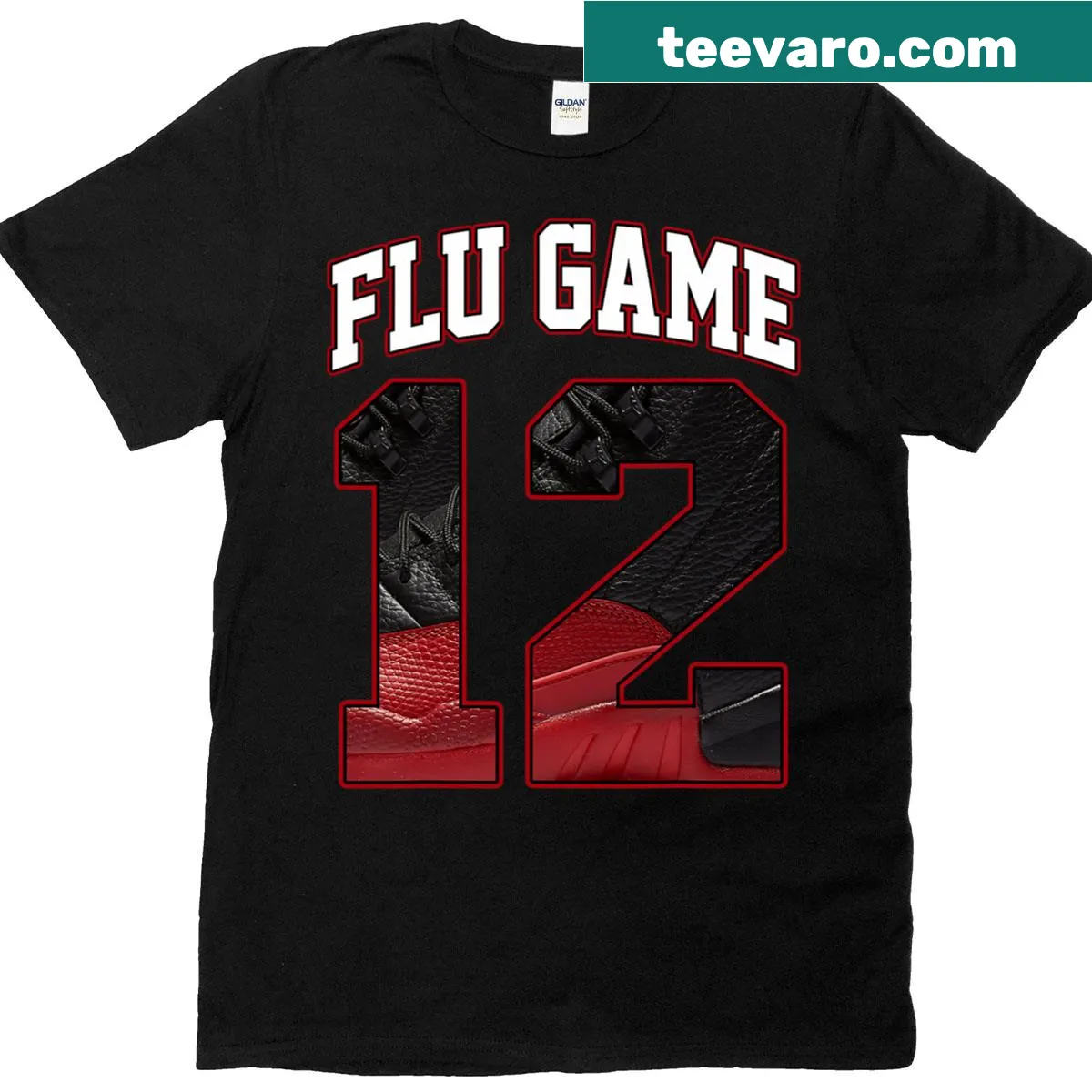 Typography design that reads 'Number 12 Flu Game' on a T-shirt — on a men's t-shirt