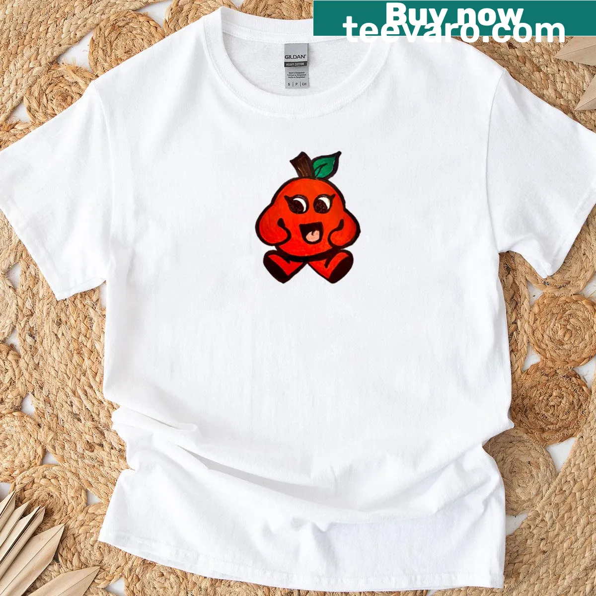 Playful orange graphic t-shirt — on a men's t-shirt