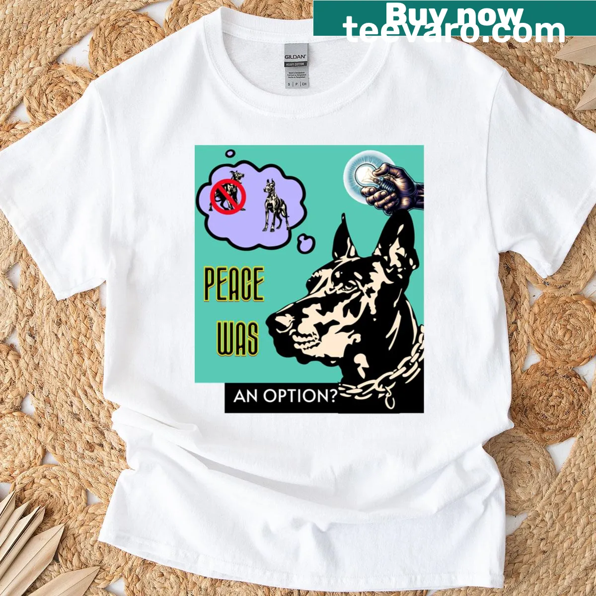 Illustrated Doberman t-shirt with a thoughtful peace message — on a men's t-shirt