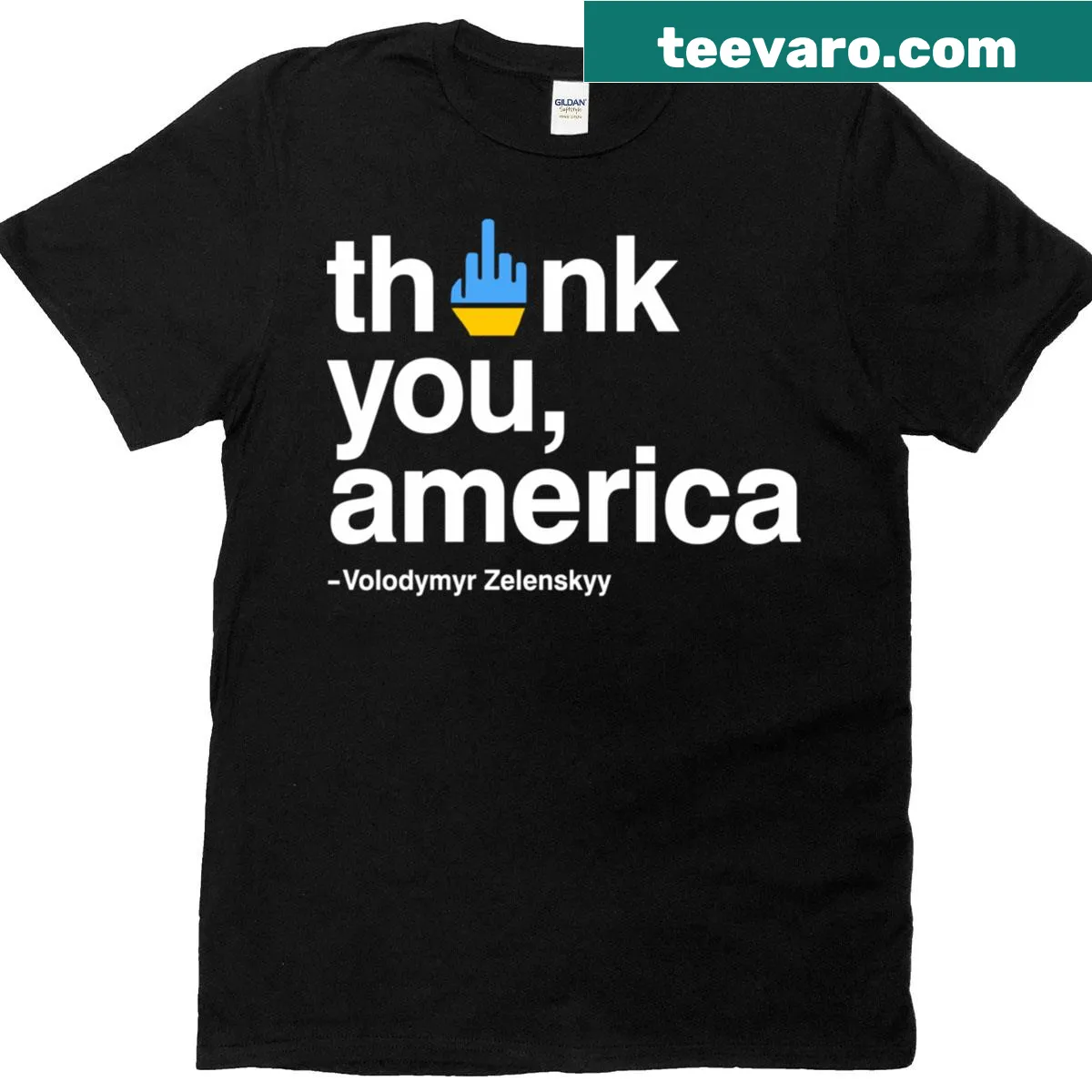 T-shirt with a message of gratitude for America's support of Ukraine. — on a men's t-shirt