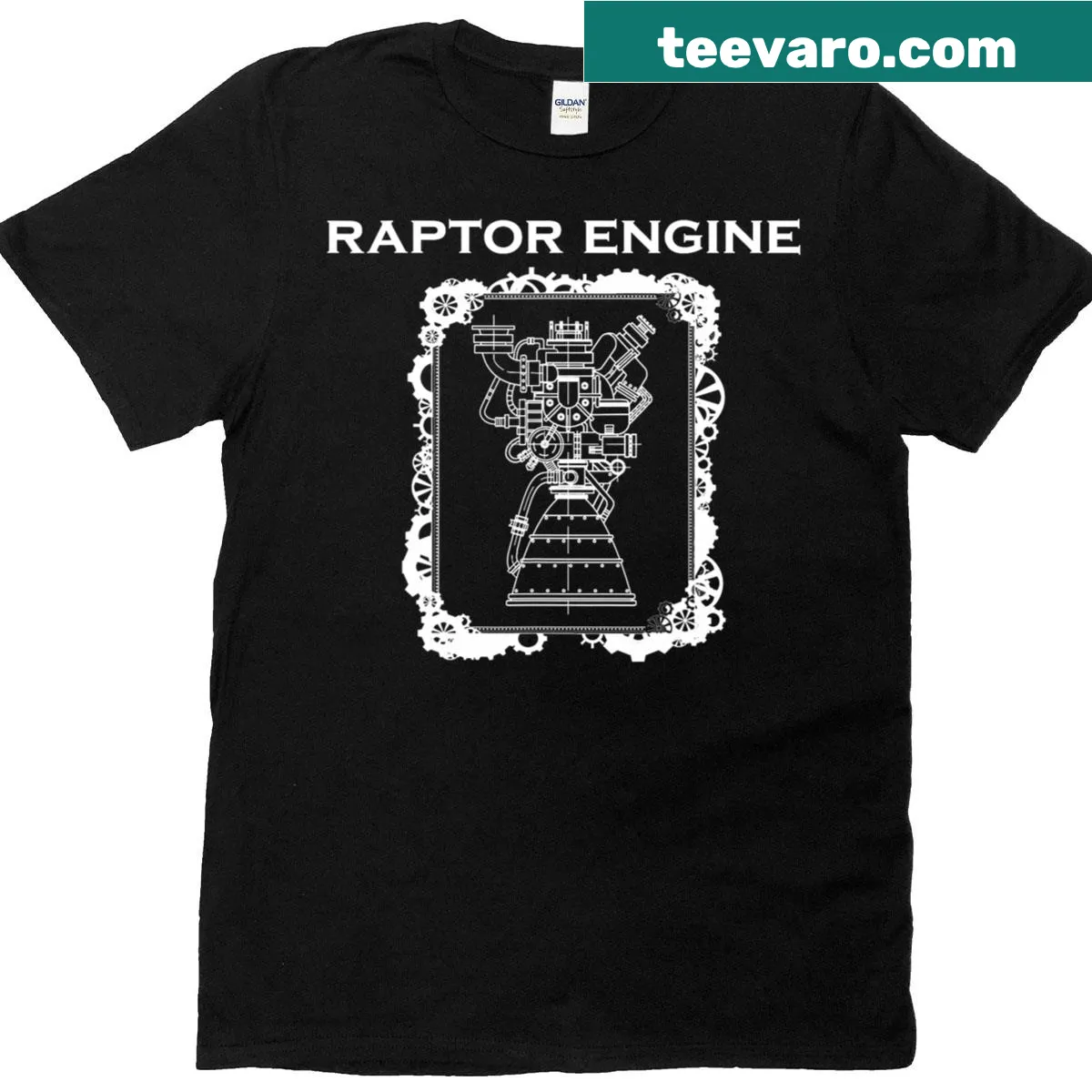 Sleek illustration of a Raptor engine on a t-shirt — on a men's t-shirt