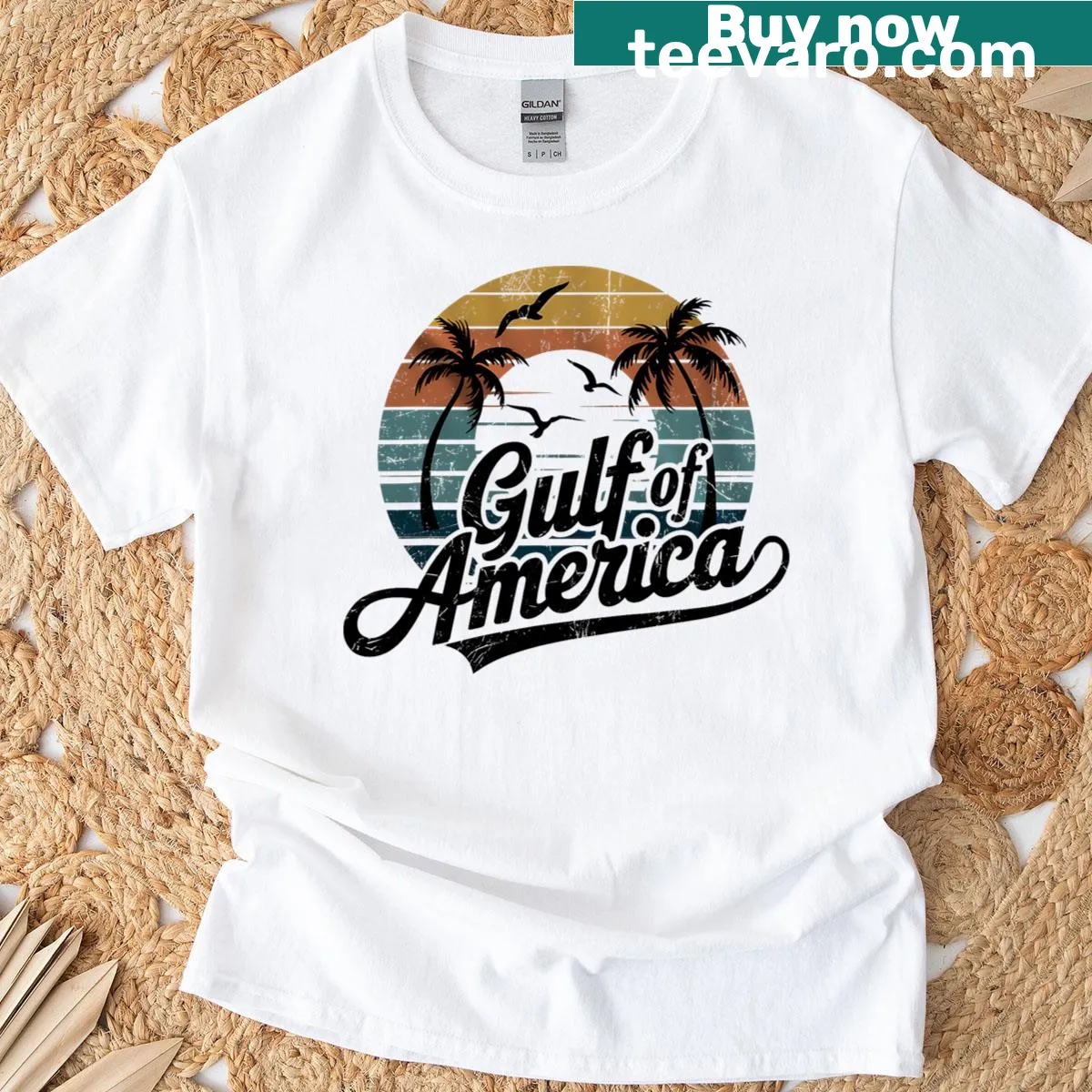 Vintage-style t-shirt featuring the American flag and Gulf of Mexico map — on a men's t-shirt