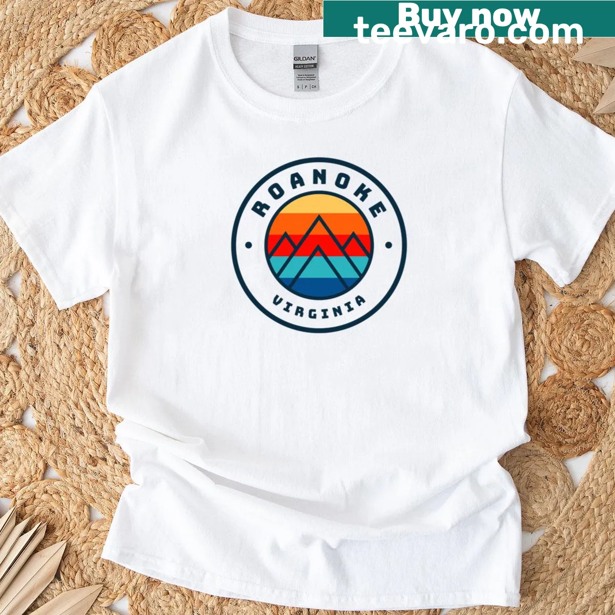Scenic design of mountains and a dog on a Roanoke vacation t-shirt — on a men's t-shirt