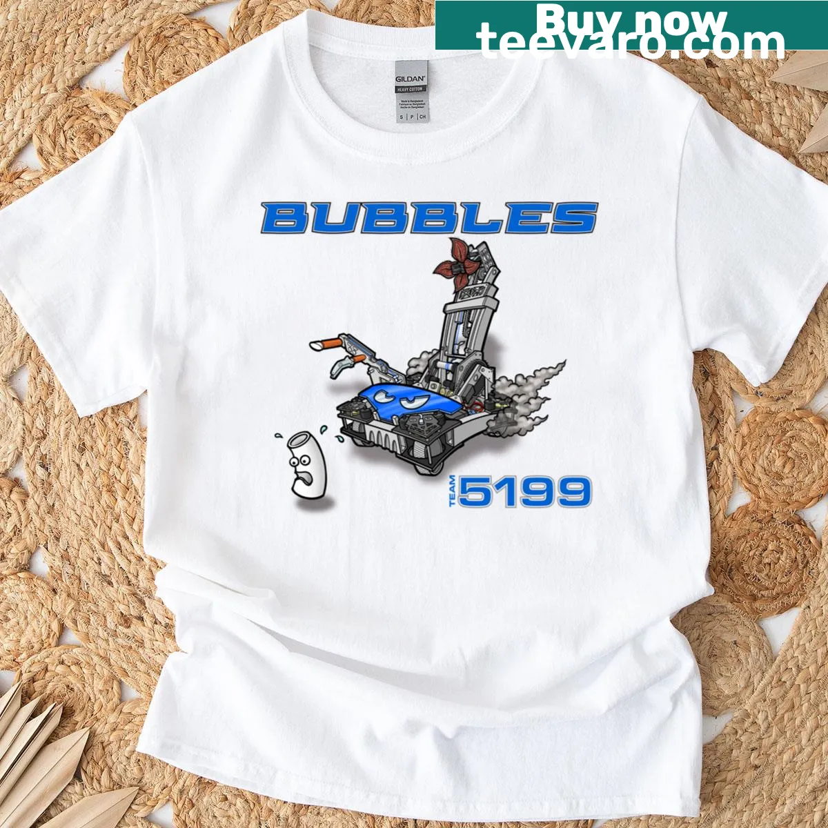 Cartoon t-shirt featuring robotic dolphins and bubbles — on a men's t-shirt
