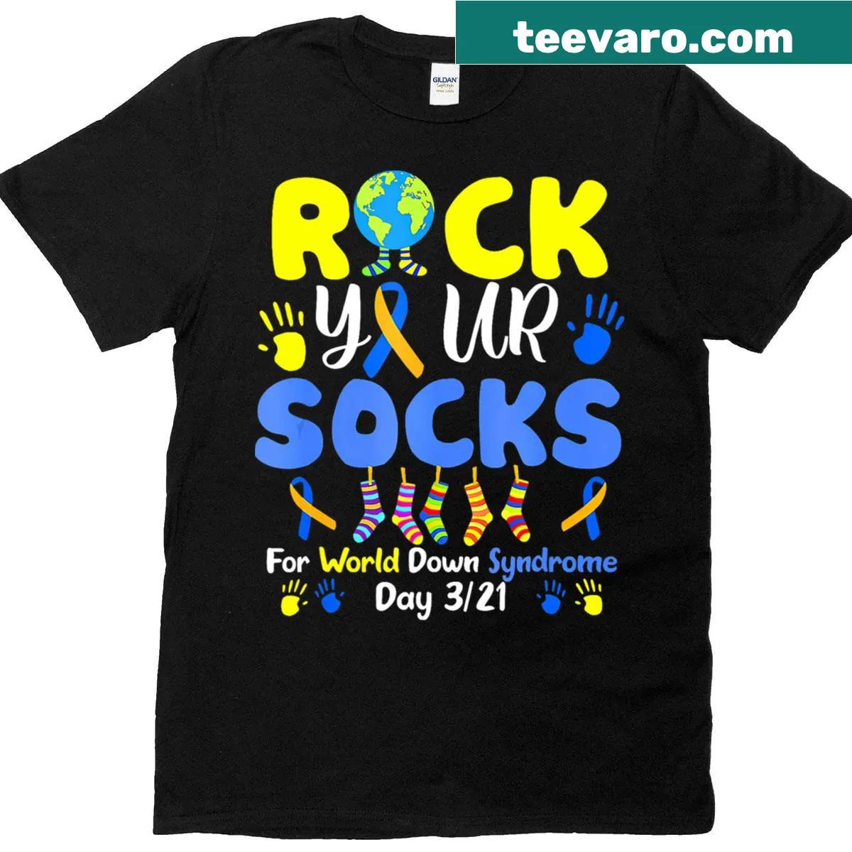 Men's T-shirt with 'Rock Your Socks' text for Down Syndrome awareness — on a men's t-shirt