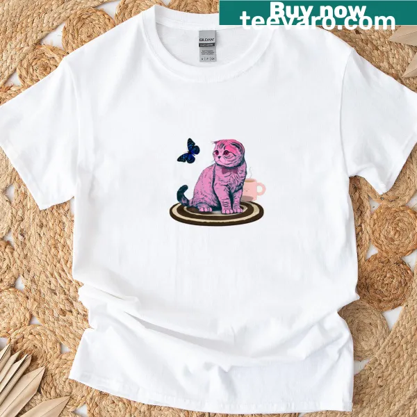 Cute Scottish Fold cat with butterfly illustration on a T-shirt