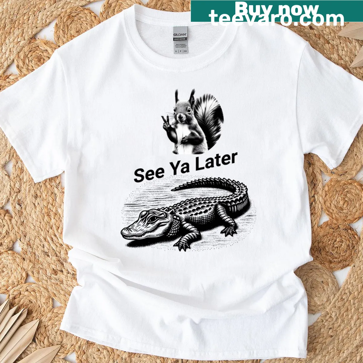 Playful T-shirt with cartoon alligator and squirrel graphics — on a men's t-shirt