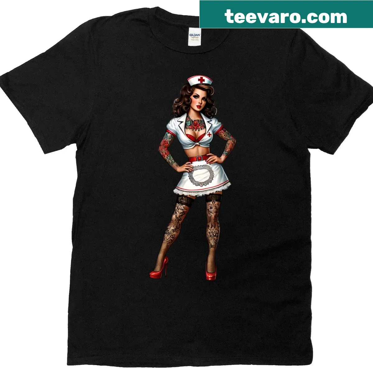 Cute pin-up nurse design on a T-shirt — on a men's t-shirt