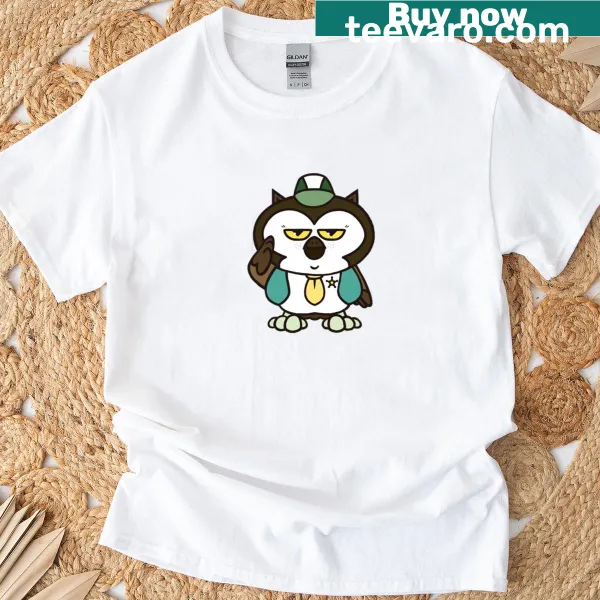 Illustrated owl with a sheriff's badge on a T-shirt