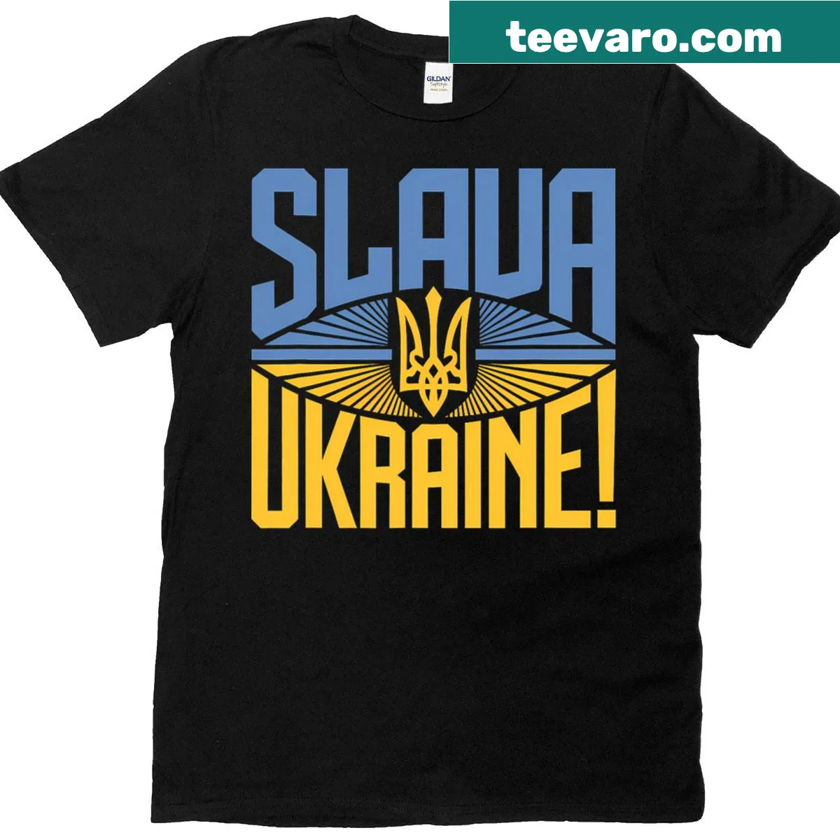 Text graphic reading 'Slava Ukraine' on a T-shirt — on a men's t-shirt