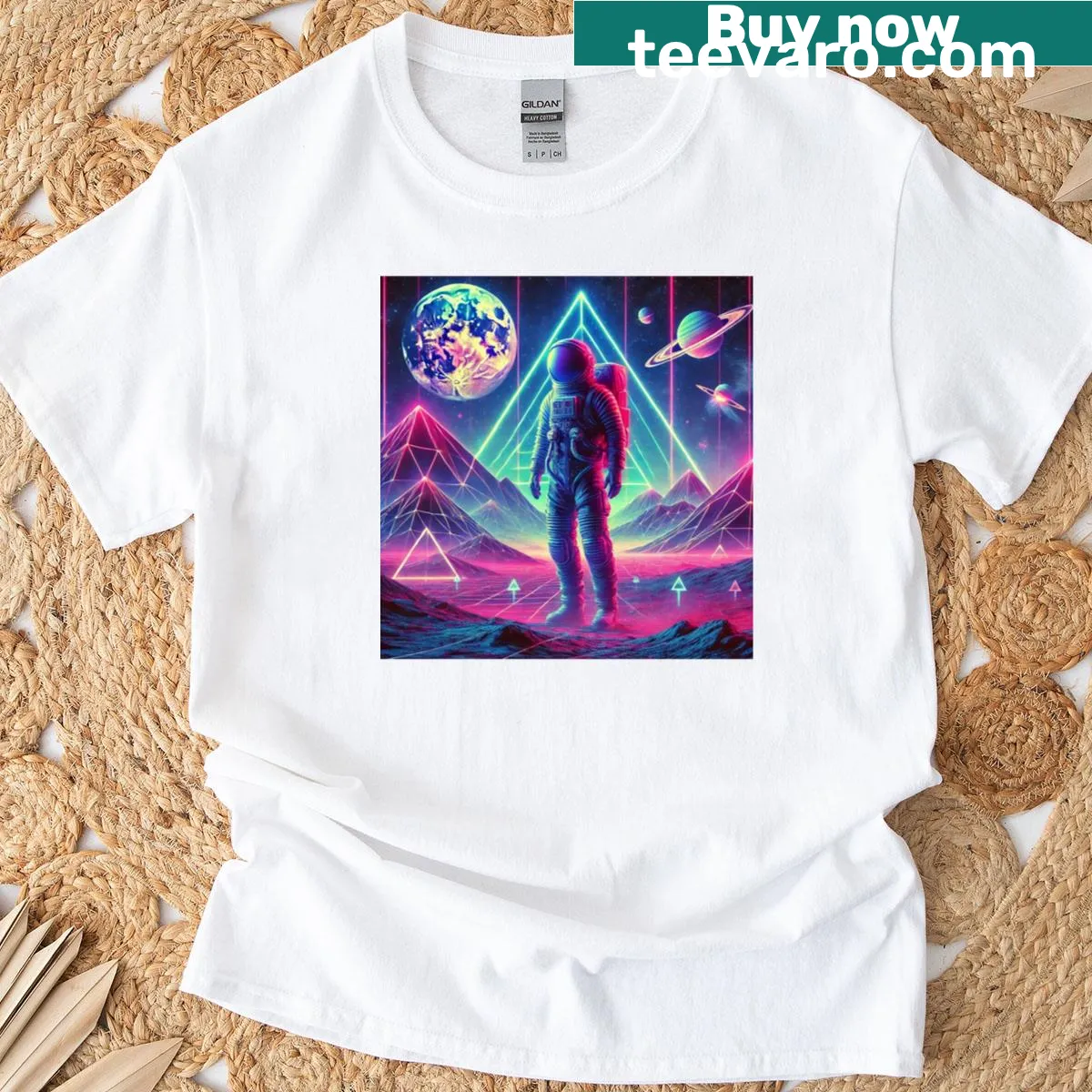 Whimsical 'Space 2' T-shirt featuring planets and stars illustrations — on a men's t-shirt