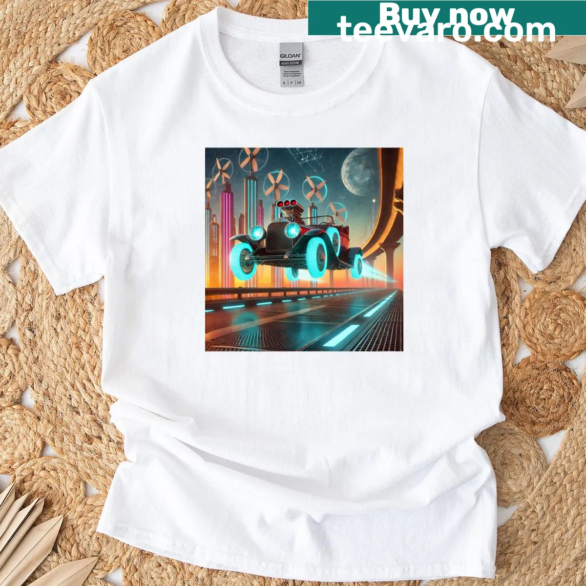 Futuristic space car graphic on a T-shirt — on a men's t-shirt