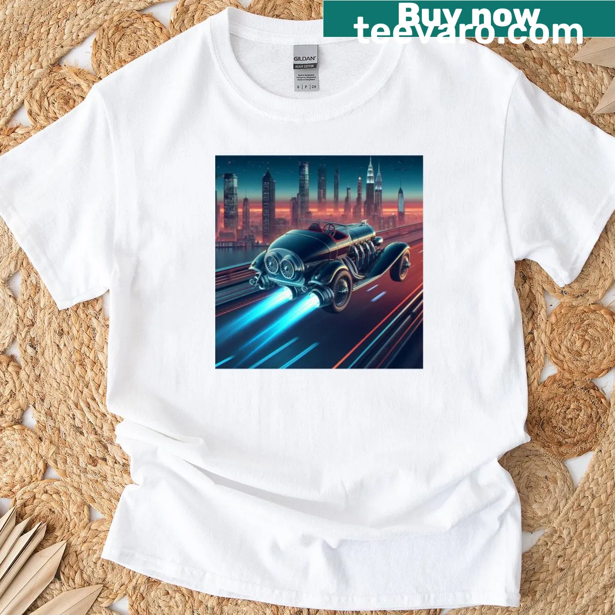 Imaginative 'Space Car' T-shirt with a whimsical space illustration — on a men's t-shirt