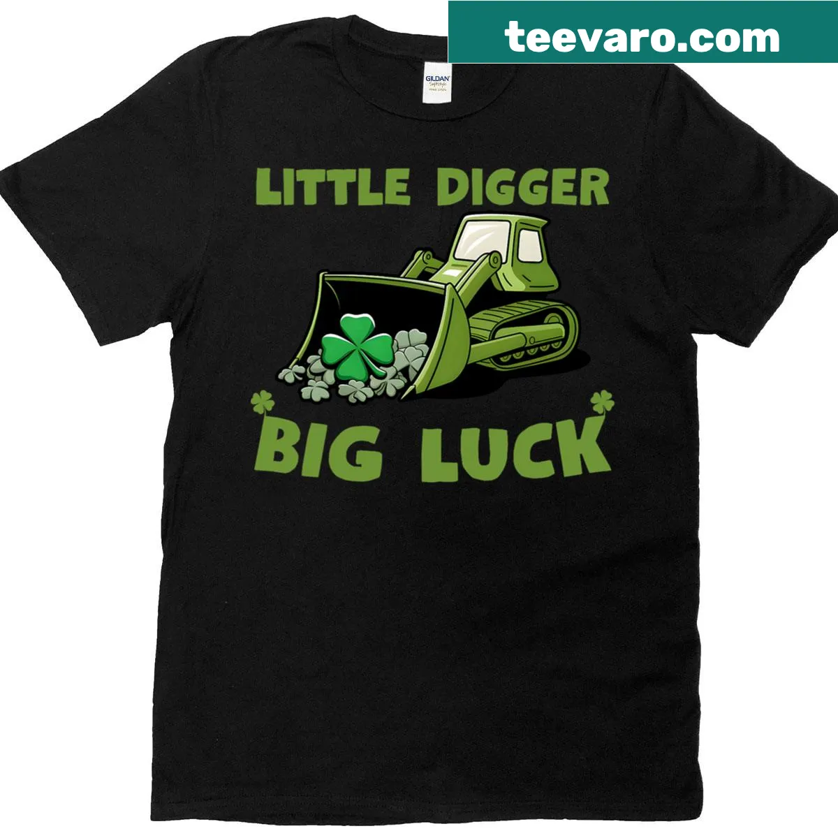Cartoon bulldozer design celebrating St. Patrick's Day for boys — on a men's t-shirt
