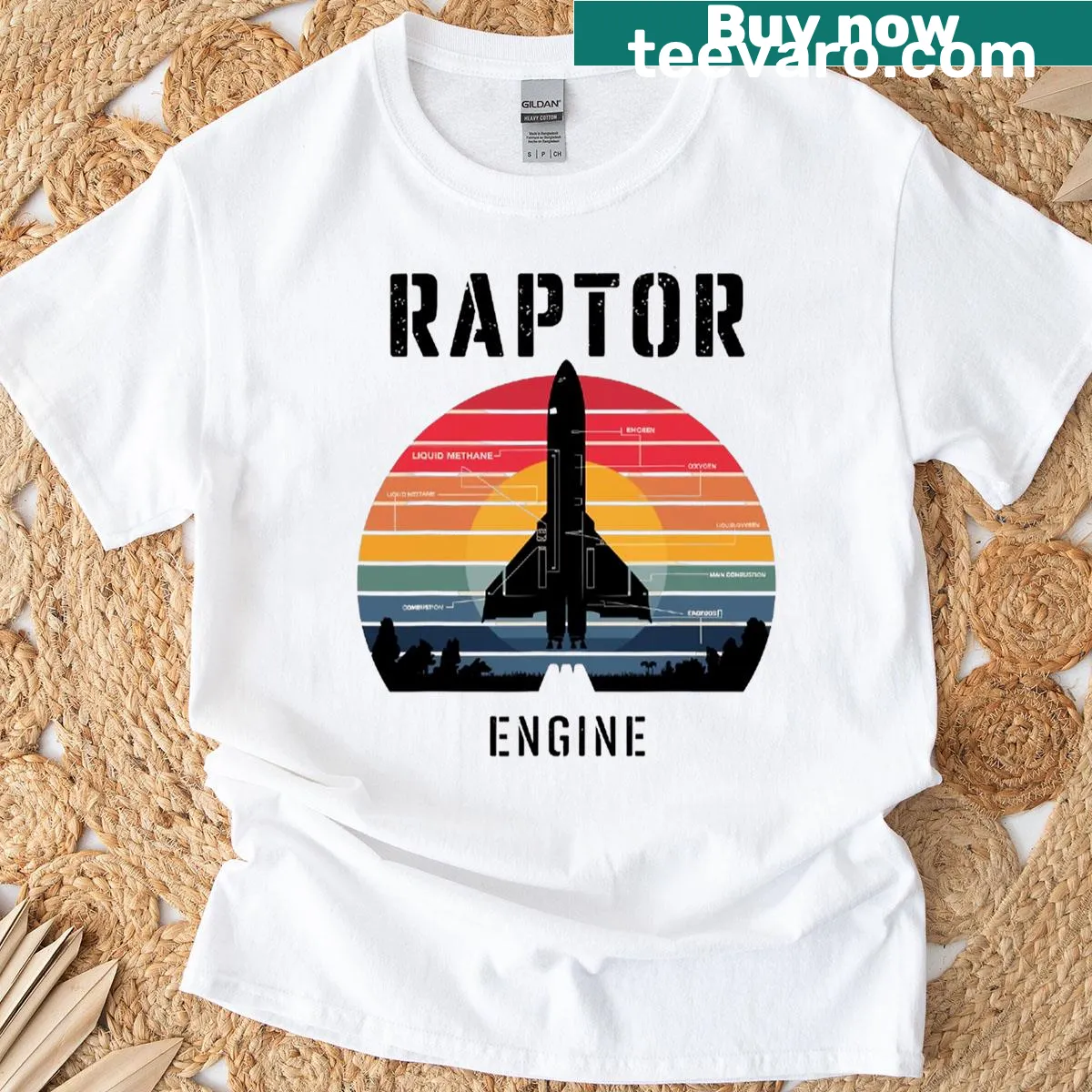 Graphic T-shirt featuring a Raptor engine design for space enthusiasts — on a men's t-shirt