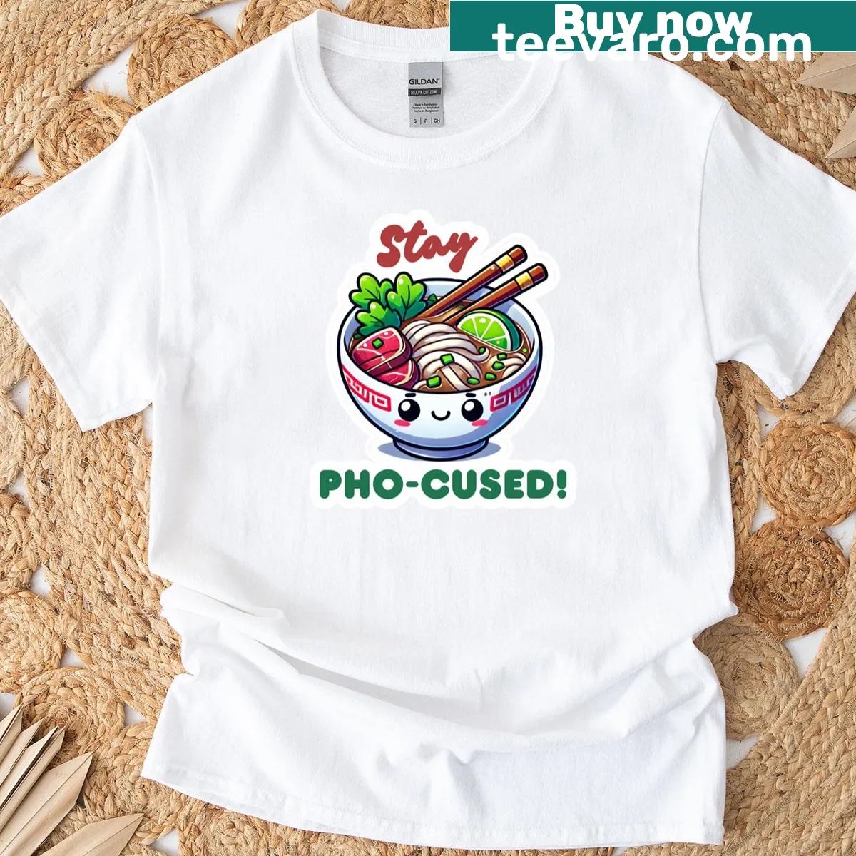 T-shirt featuring the phrase Stay Pho Cused in fun typography — on a men's t-shirt