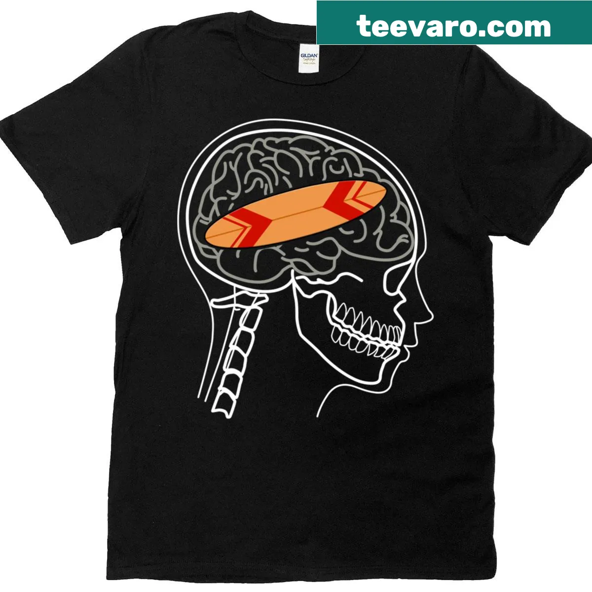 Funny X-ray design T-shirt featuring a surfboard on a brain — on a men's t-shirt