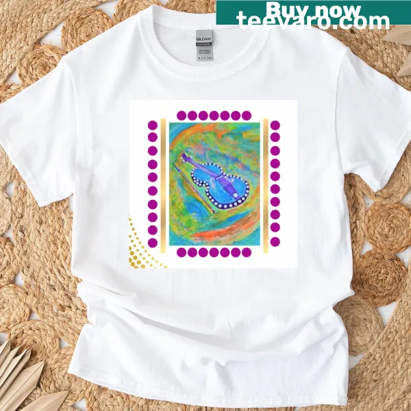Illustrated violin design on The Artist's t-shirt