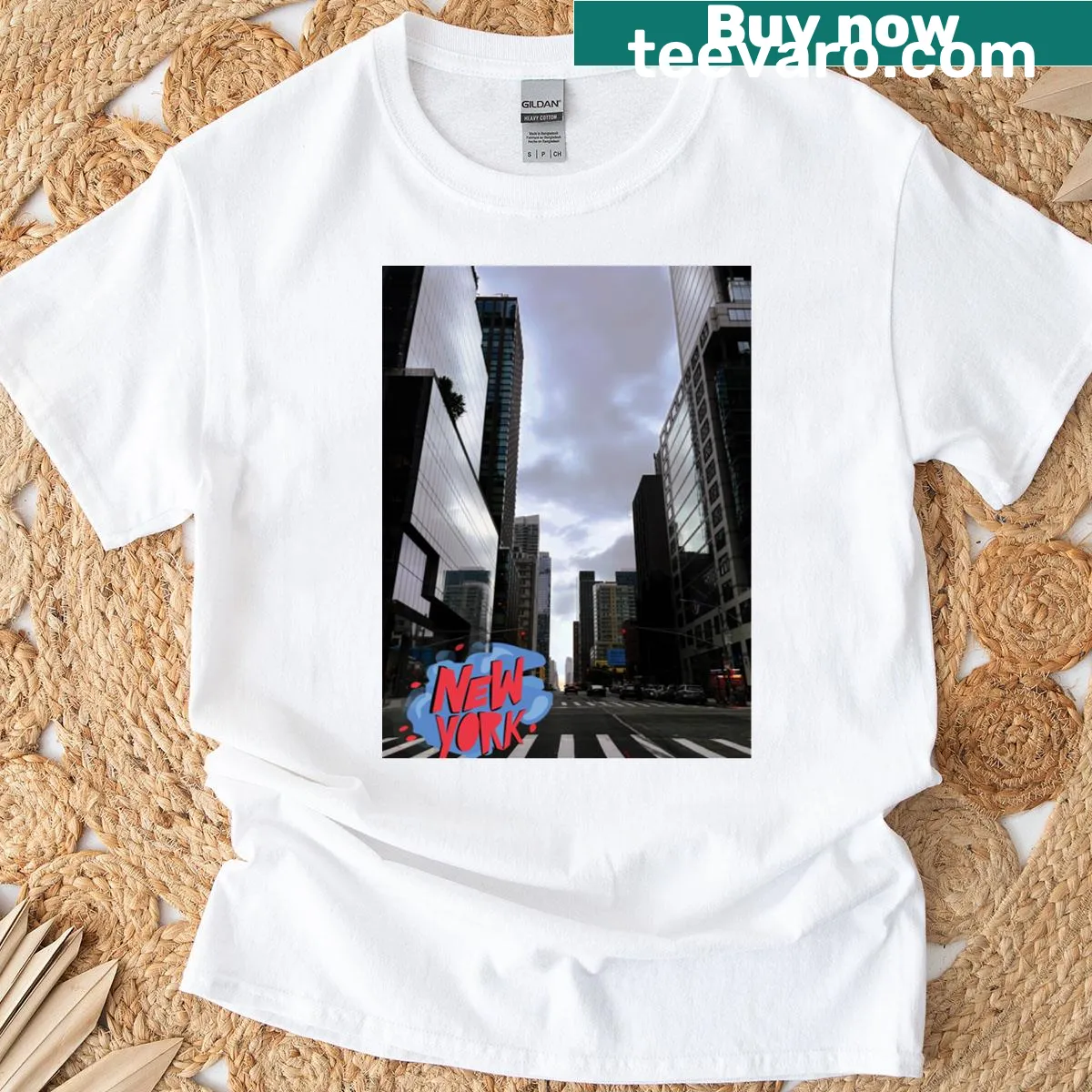 Vibrant NYC skyline illustration on a T-shirt — on a men's t-shirt