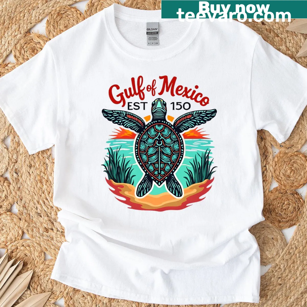 Illustration of a sea turtle on a beach-themed T-shirt — on a men's t-shirt