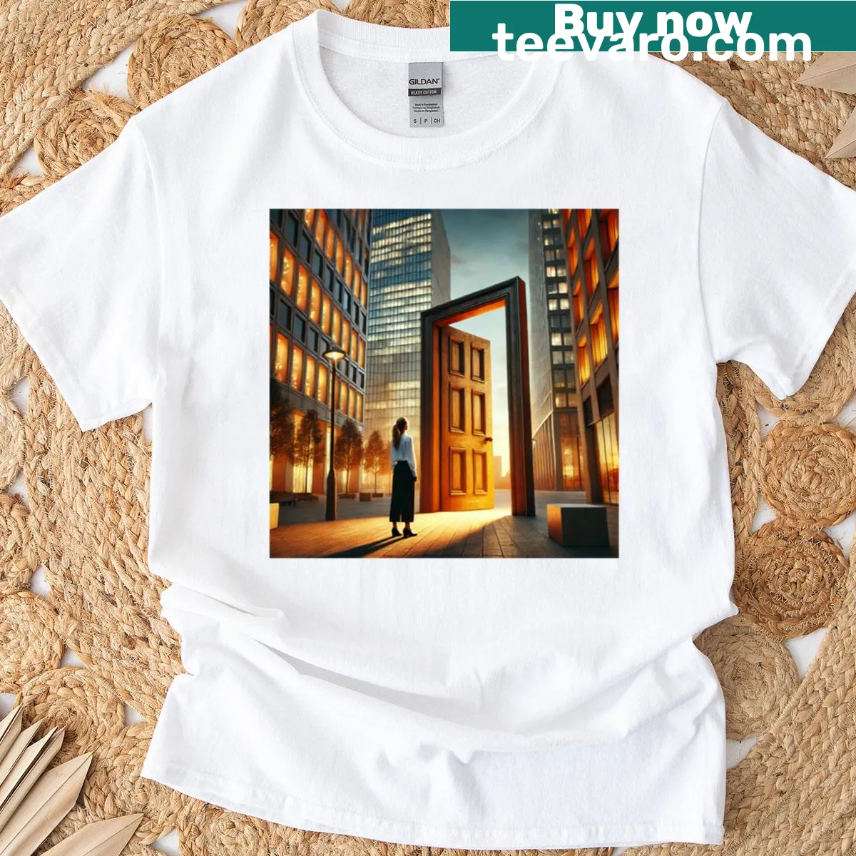 Silhouette of a door surrounded by mystery and intrigue — on a men's t-shirt