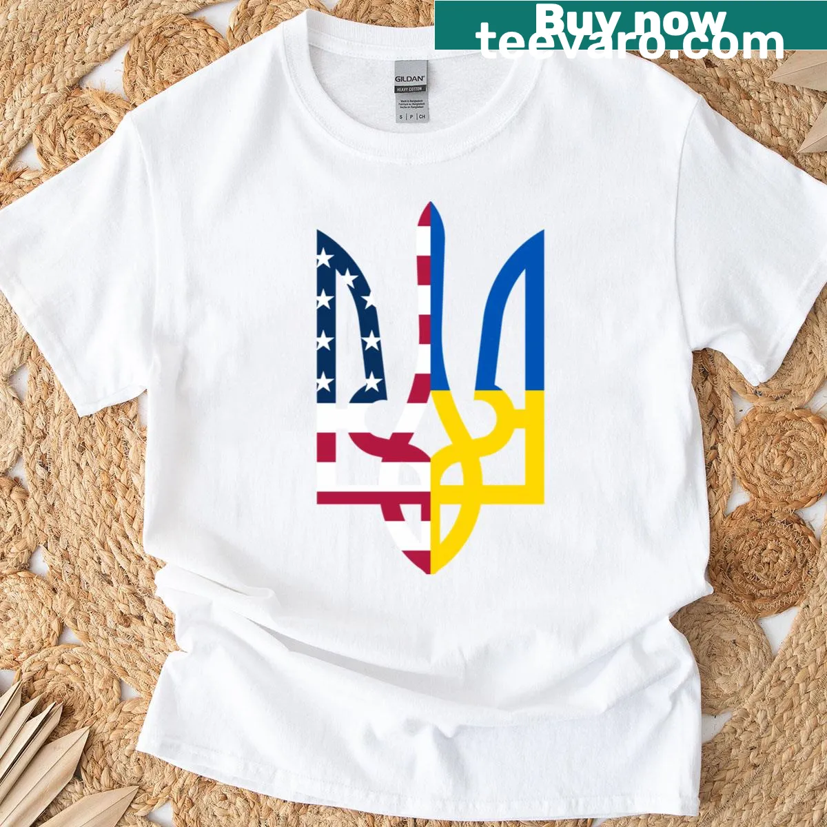 Trident design T-shirt representing USA and Ukraine support — on a men's t-shirt