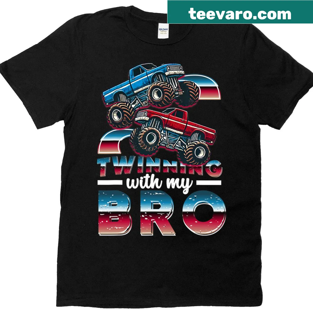 Cartoon monster trucks T-shirt for kids celebrating Twin Day — on a men's t-shirt