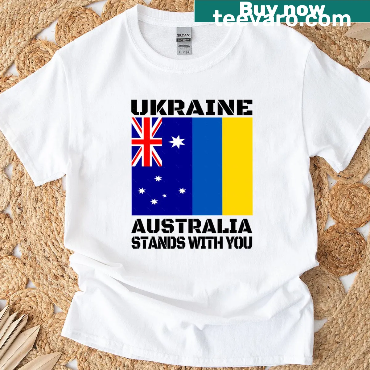 T-shirt expressing support for Ukraine with 'Australia Stands With You' — on a men's t-shirt