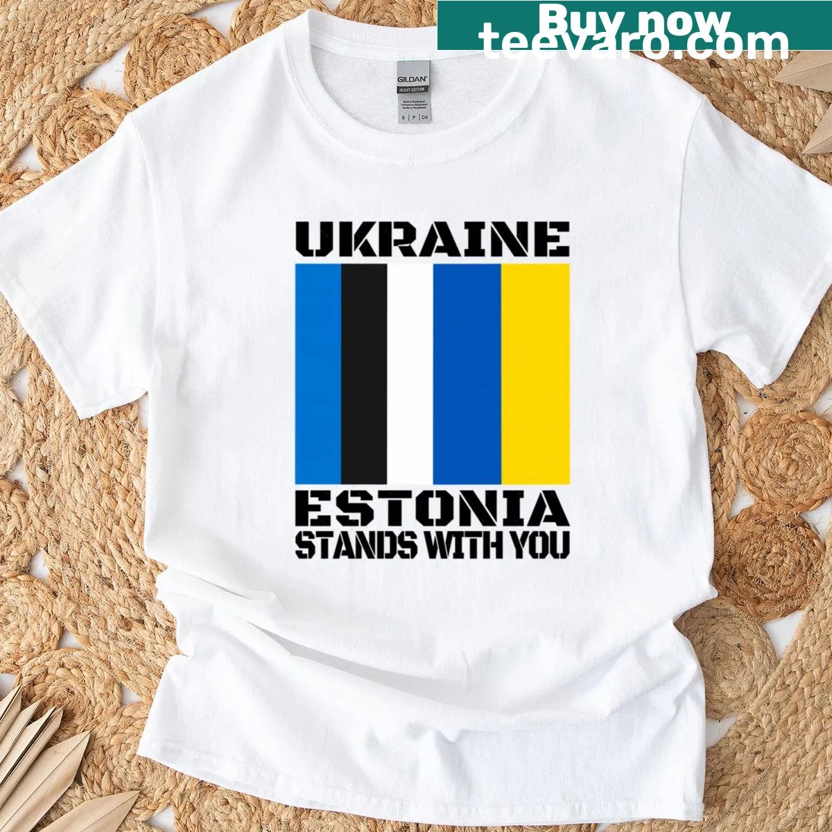 Supportive T-shirt featuring Ukraine and Estonia flags — on a men's t-shirt