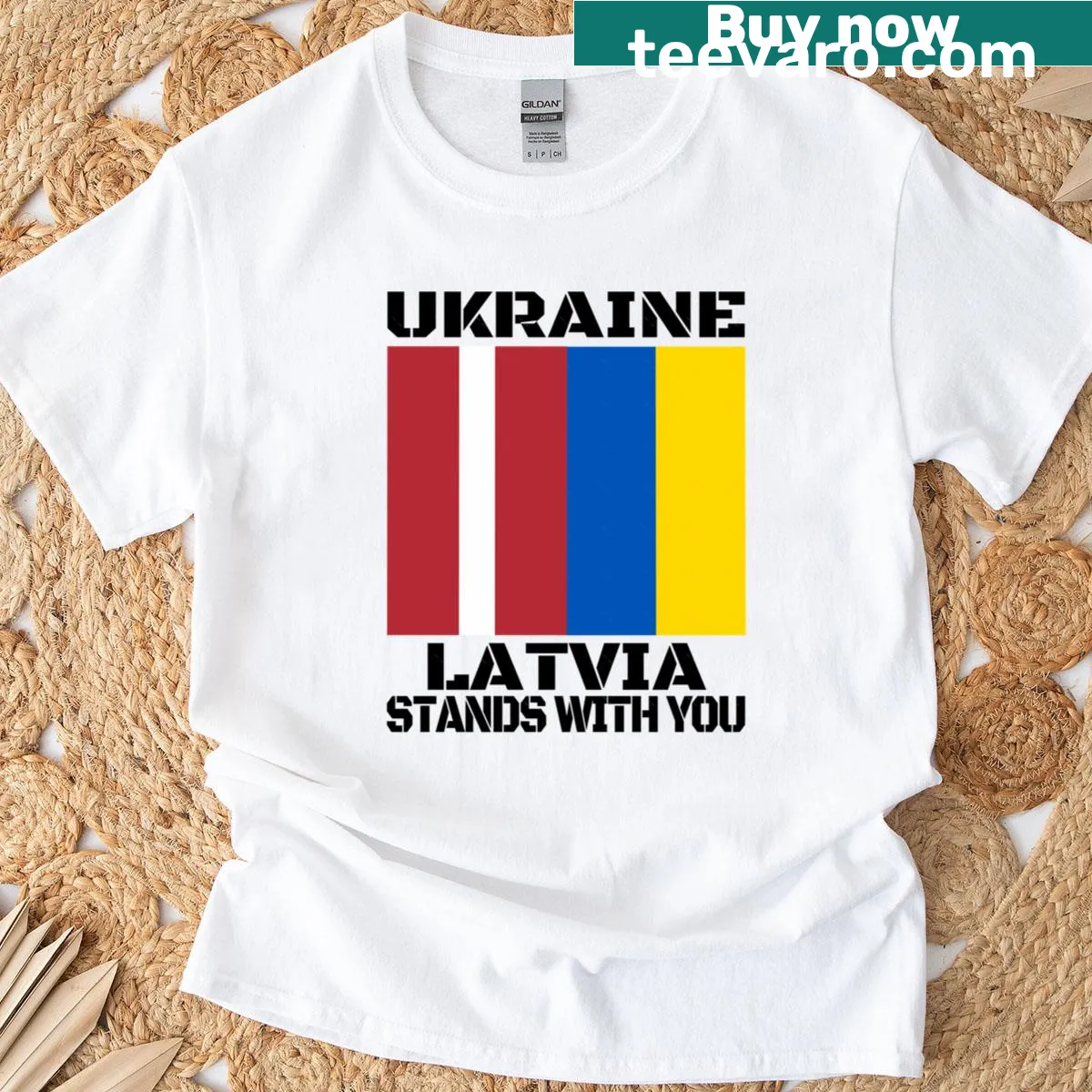 Supportive T-shirt featuring Ukraine and Latvia flags — on a men's t-shirt