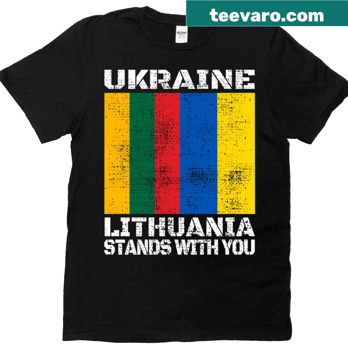Supportive T-shirt featuring Ukraine and Lithuania flags — on a men's t-shirt