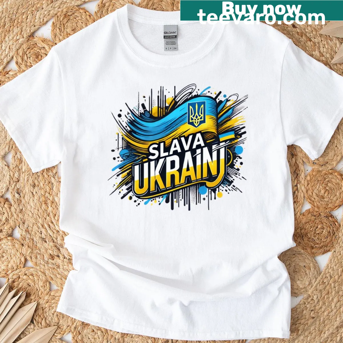 Typography T-shirt with the phrase 'Slava Ukraini' — on a men's t-shirt