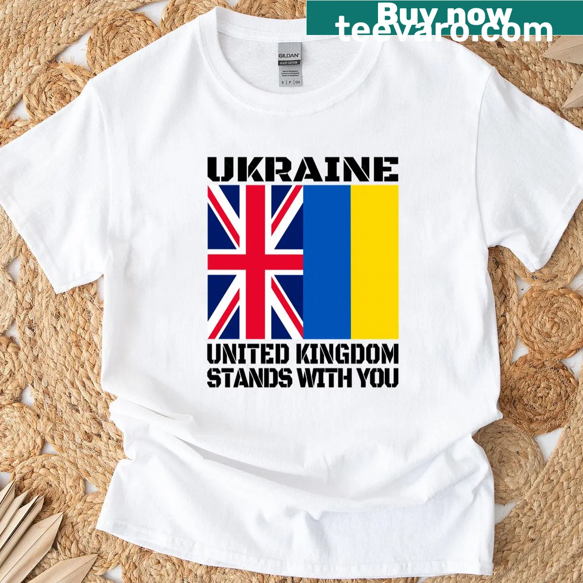T-shirt with British flag and support message for Ukraine — on a men's t-shirt