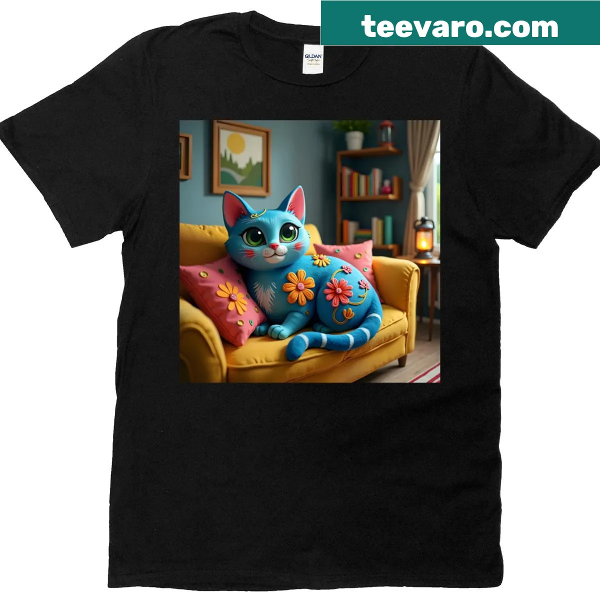 Vintage-style T-shirt featuring a blue cat with floral graphics — on a men's t-shirt