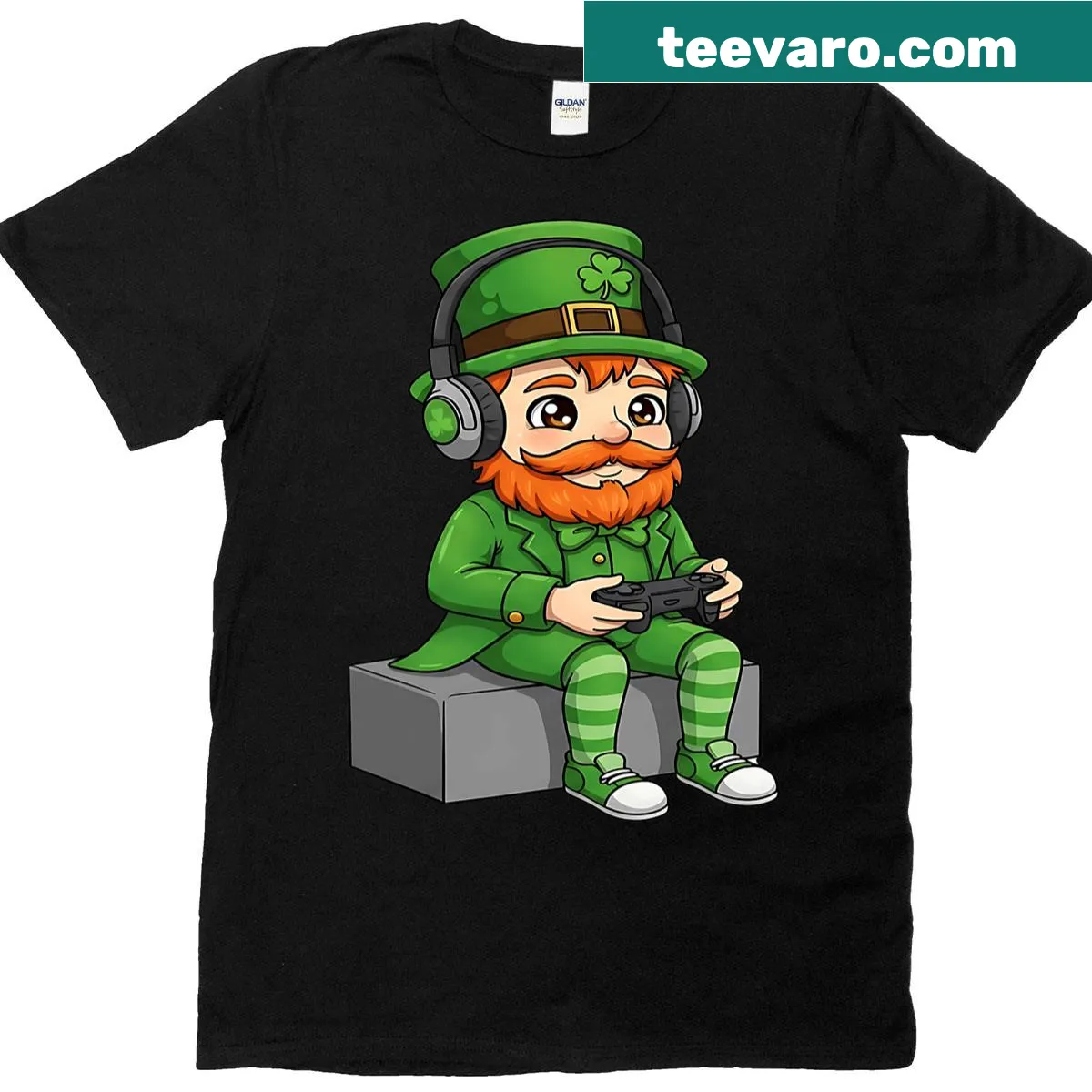 St Patricks Day Gamer T-shirt featuring a playful leprechaun graphic. — on a men's t-shirt