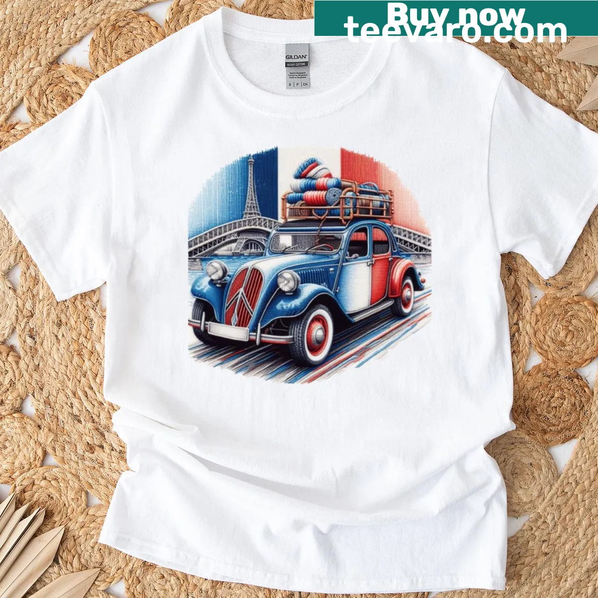 French flag embroidered patch on vintage T-shirt — on a men's t-shirt