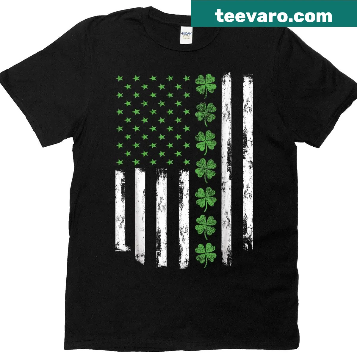 Vintage St. Patrick's Day T-shirt with American flag and shamrock design — on a men's t-shirt