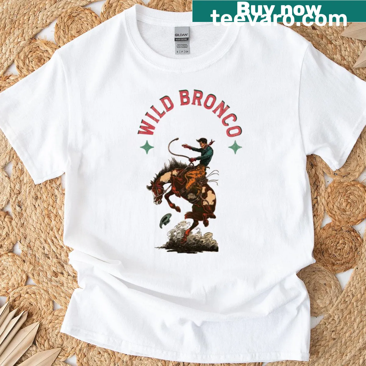 Cartoon t-shirt featuring a lively bronco design — on a men's t-shirt