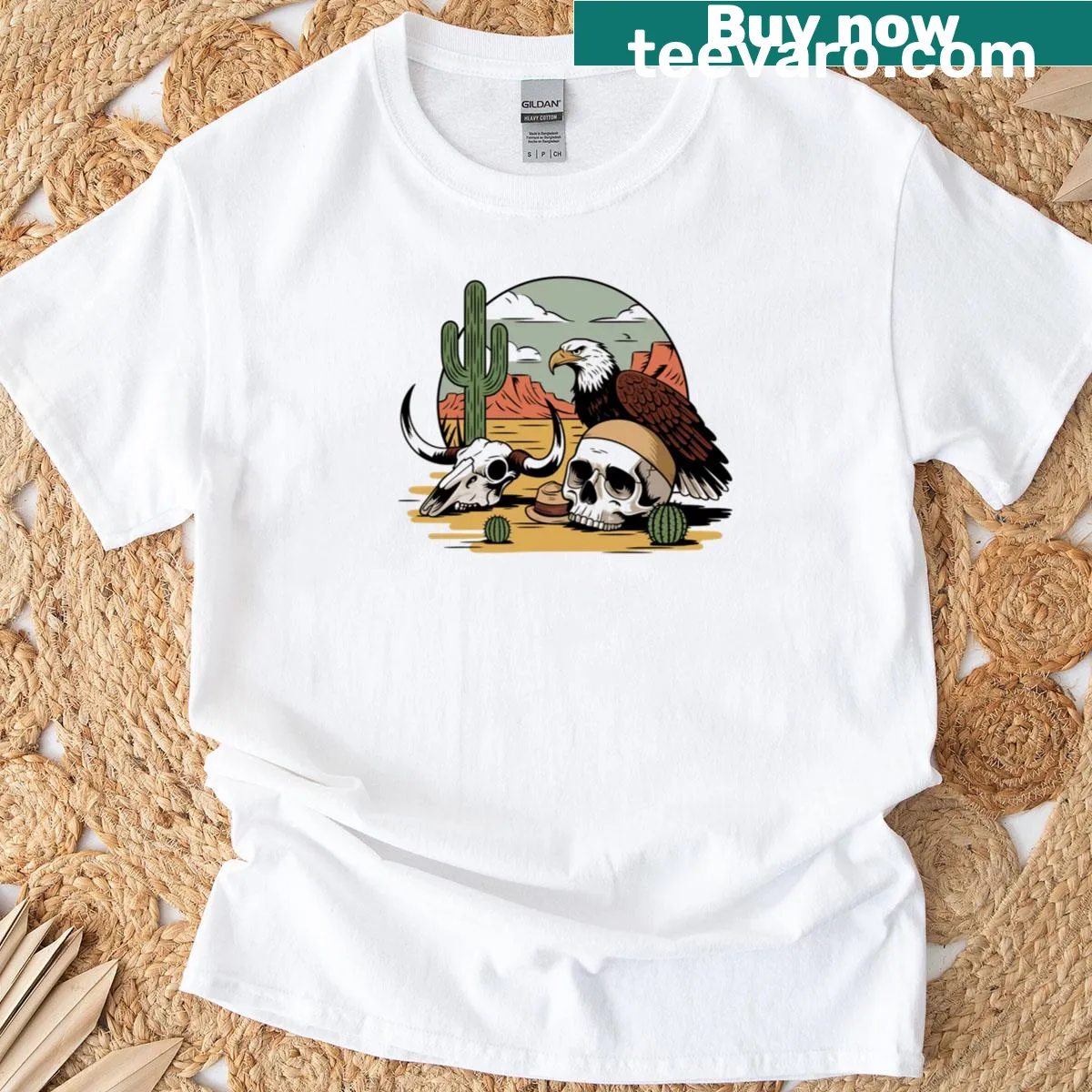 Artistic T-shirt depicting the Wild West landscape and adventure elements. — on a men's t-shirt