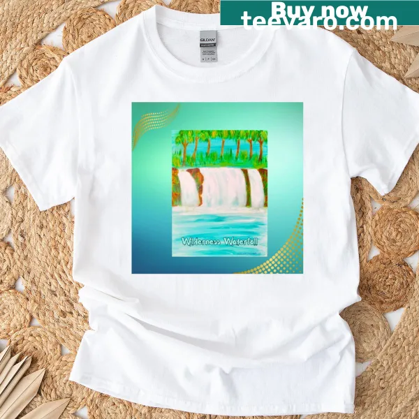 Serene waterfall illustration on a t-shirt
