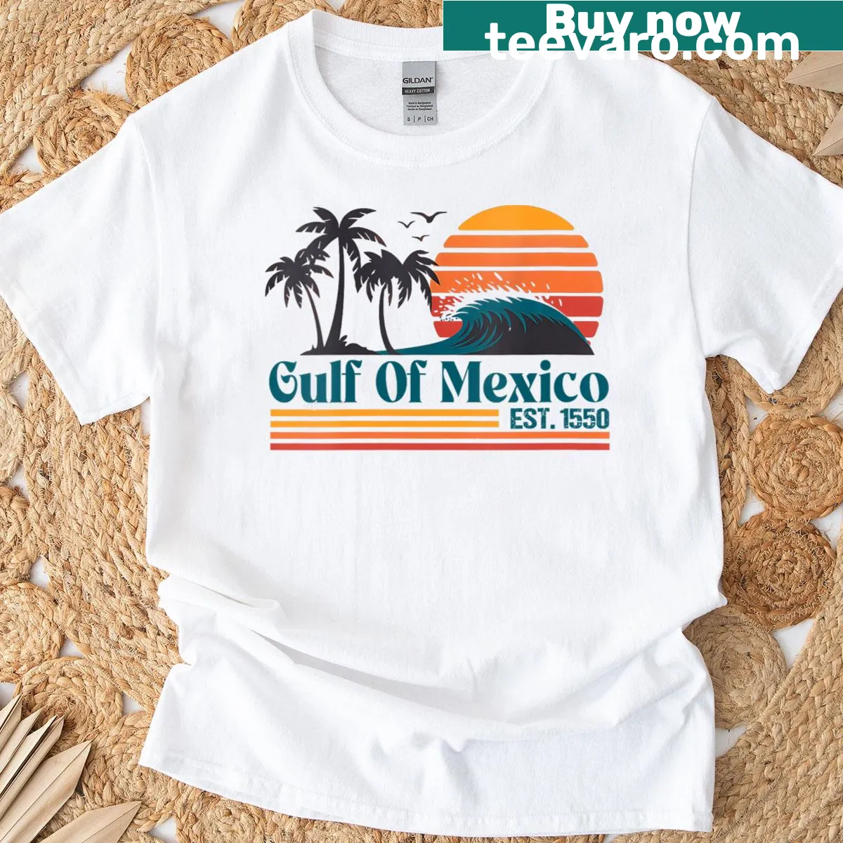 Retro V-neck T-shirt with 'Gulf Of Mexico Est 1550' design — on a men's t-shirt